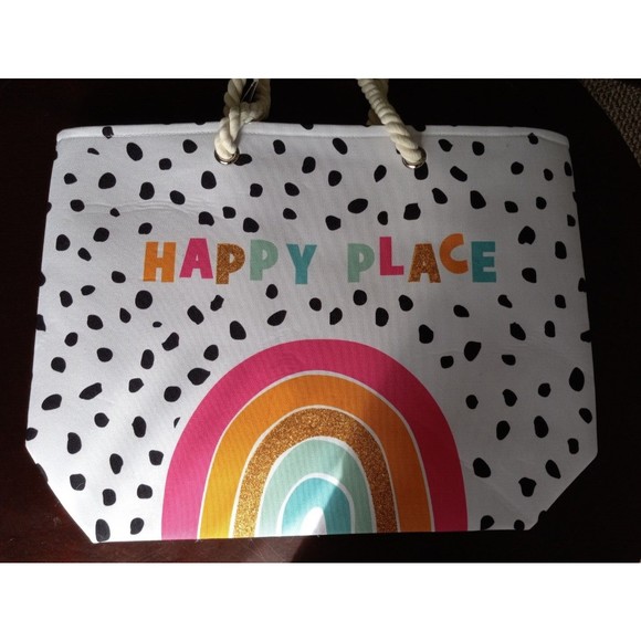 NEW Rainbow Happy Place Polka Dot Boho Beach Tote Travel Shopping Bag Glitter - Picture 9 of 16